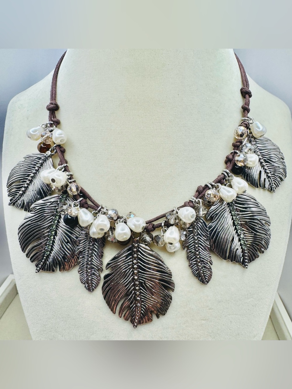$58 Vera Bradley Feathers Brown Corded Necklace NWT Silver Tone